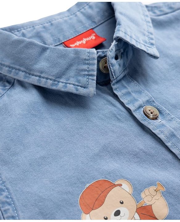Babyhug Cotton Woven Washed Full Sleeves Denim Shirt with Bear Print - Blue