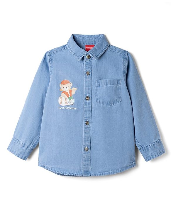 Babyhug Cotton Woven Washed Full Sleeves Denim Shirt with Bear Print - Blue