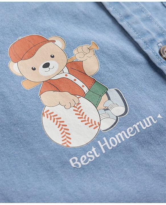 Babyhug Cotton Woven Washed Full Sleeves Denim Shirt with Bear Print - Blue