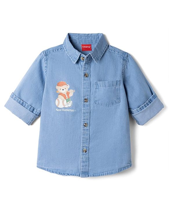 Babyhug Cotton Woven Washed Full Sleeves Denim Shirt with Bear Print - Blue