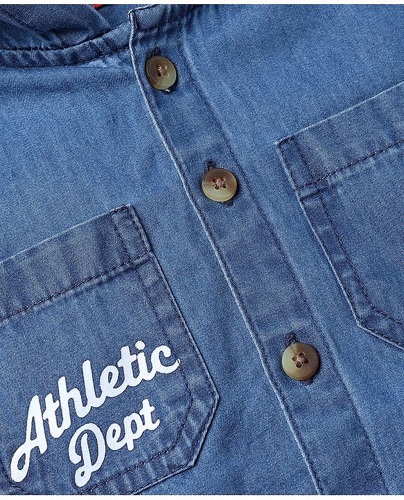 Babyhug 100% Cotton Woven Denim Full Sleeves Hooded Wahed Shirt with Front & Back Athletic Dept Print - Blue