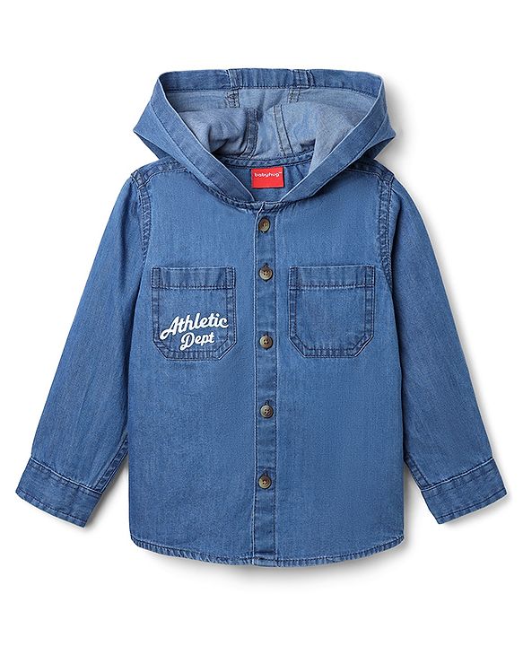 Babyhug 100% Cotton Woven Denim Full Sleeves Hooded Wahed Shirt with Front & Back Athletic Dept Print - Blue