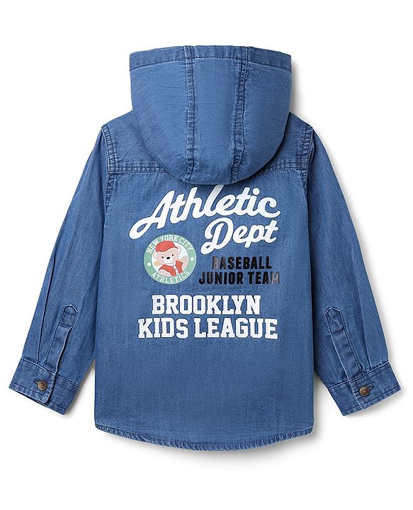 Babyhug 100% Cotton Woven Denim Full Sleeves Hooded Wahed Shirt with Front & Back Athletic Dept Print - Blue