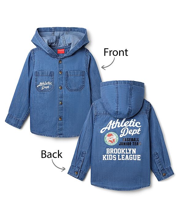 Babyhug 100% Cotton Woven Denim Full Sleeves Hooded Wahed Shirt with Front & Back Athletic Dept Print - Blue