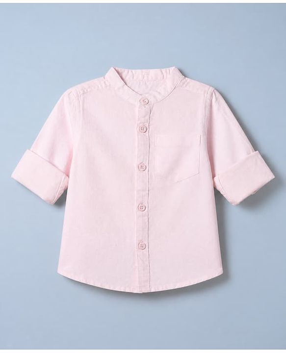 Babyhug 100% Cotton Woven Solid Shirt with Full Sleeves Mandarin Collar in Light Pink