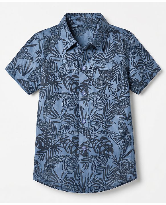 Babyhug 100% Cotton Woven Printed Shirt with Half Sleeves and Leaves Print - Blue