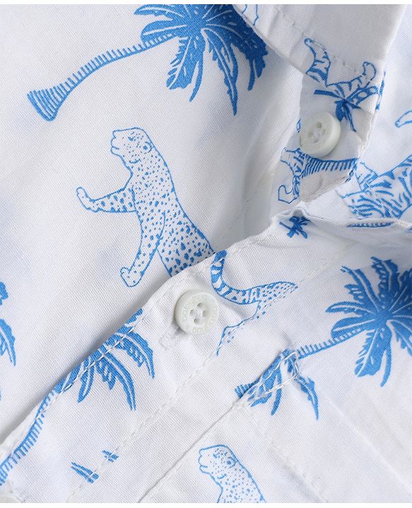 Babyhug 100% Cotton Woven Half Sleeves Shirt with Palm Tree and Tigers Print - White