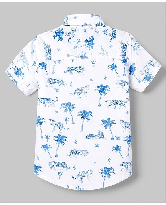 Babyhug 100% Cotton Woven Half Sleeves Shirt with Palm Tree and Tigers Print - White