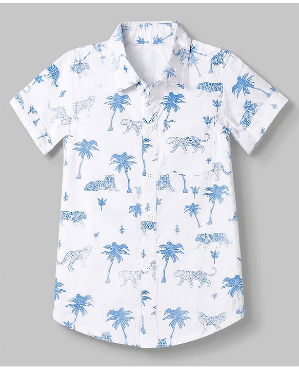 Babyhug 100% Cotton Woven Half Sleeves Shirt with Palm Tree and Tigers Print - White
