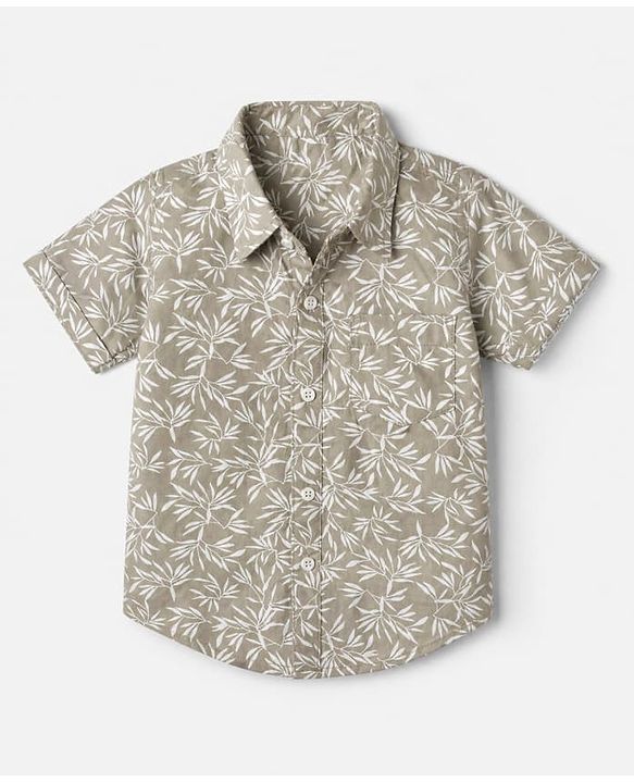 Babyhug 100% Cotton Woven Collar Neck Shirt with Half Sleeves and Leaves Print in Olive Green