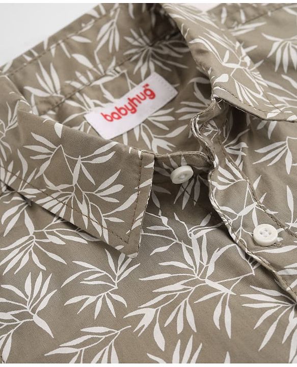 Babyhug 100% Cotton Woven Collar Neck Shirt with Half Sleeves and Leaves Print in Olive Green