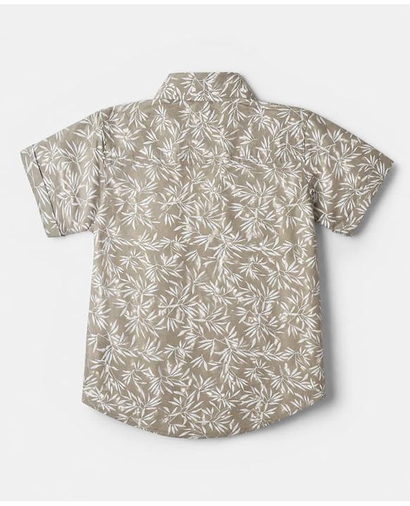 Babyhug 100% Cotton Woven Collar Neck Shirt with Half Sleeves and Leaves Print in Olive Green