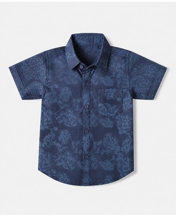 Babyhug 100% Cotton Woven Half Sleeves Regular Fit Shirt with Floral Print & Collar Neck in Blue