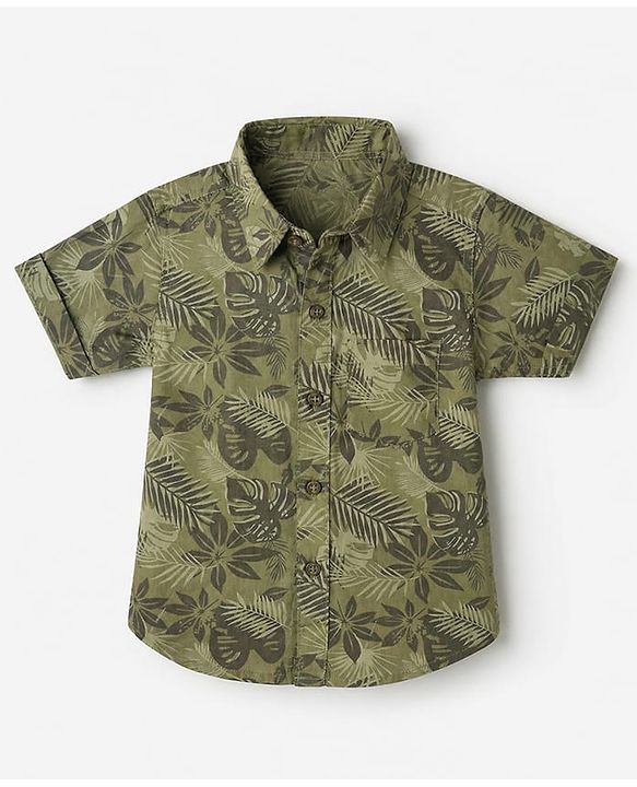 Babyhug 100% Cotton Woven Shirt with Half Sleeves and Leaves Print & Regular Collar Neck in Olive Green