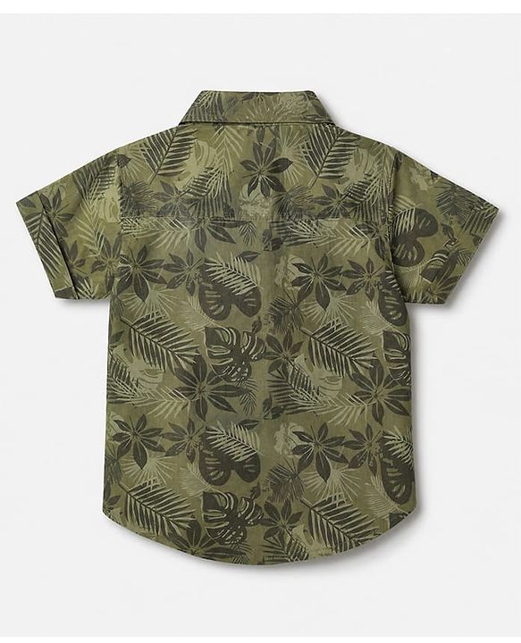 Babyhug 100% Cotton Woven Shirt with Half Sleeves and Leaves Print & Regular Collar Neck in Olive Green