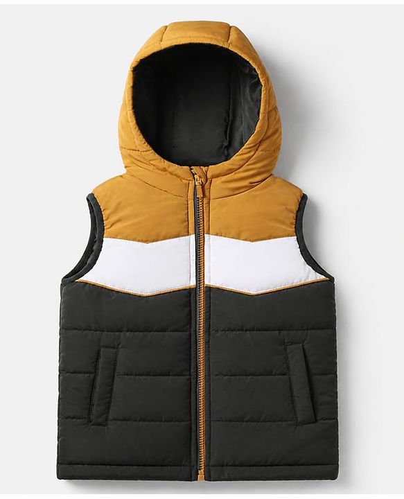 Babyhug Woven Padded Quilted Hooded Winter Jacket with Sleeveless and Color Block Print - Olive Green