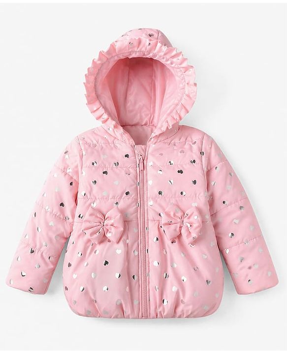 Babyhug Woven Hooded Jacket with Full Sleeves and Heart Foil Print - Pink