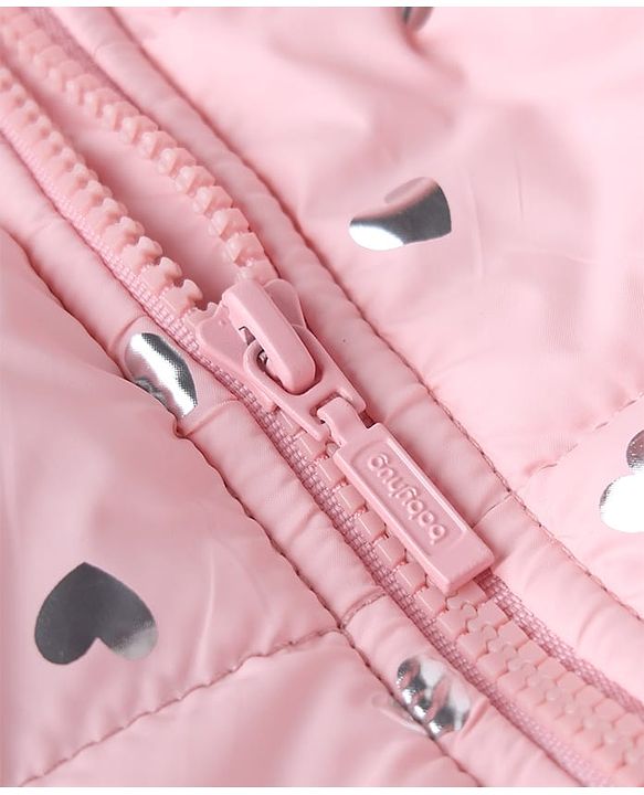 Babyhug Woven Hooded Jacket with Full Sleeves and Heart Foil Print - Pink