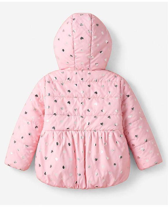 Babyhug Woven Hooded Jacket with Full Sleeves and Heart Foil Print - Pink