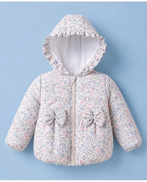 Babyhug Woven Full Sleeves Hooded Padded Floral Printed Jacket with Bow Applique - White