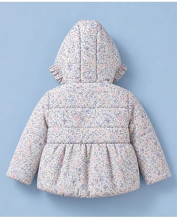 Babyhug Woven Full Sleeves Hooded Padded Floral Printed Jacket with Bow Applique - White