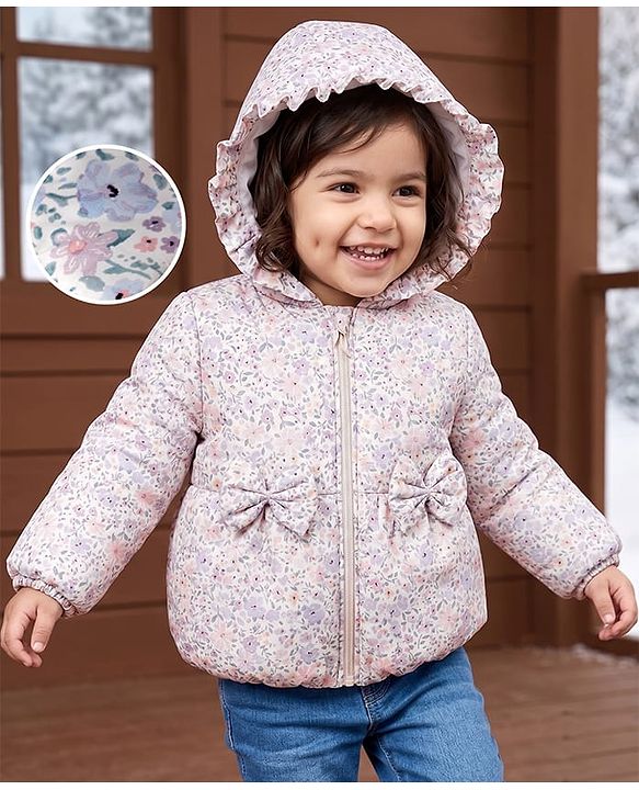 Babyhug Woven Full Sleeves Hooded Padded Floral Printed Jacket with Bow Applique - White