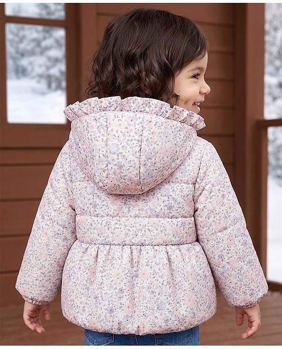 Babyhug Woven Full Sleeves Hooded Padded Floral Printed Jacket with Bow Applique - White