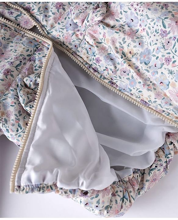 Babyhug Woven Full Sleeves Hooded Padded Floral Printed Jacket with Bow Applique - White