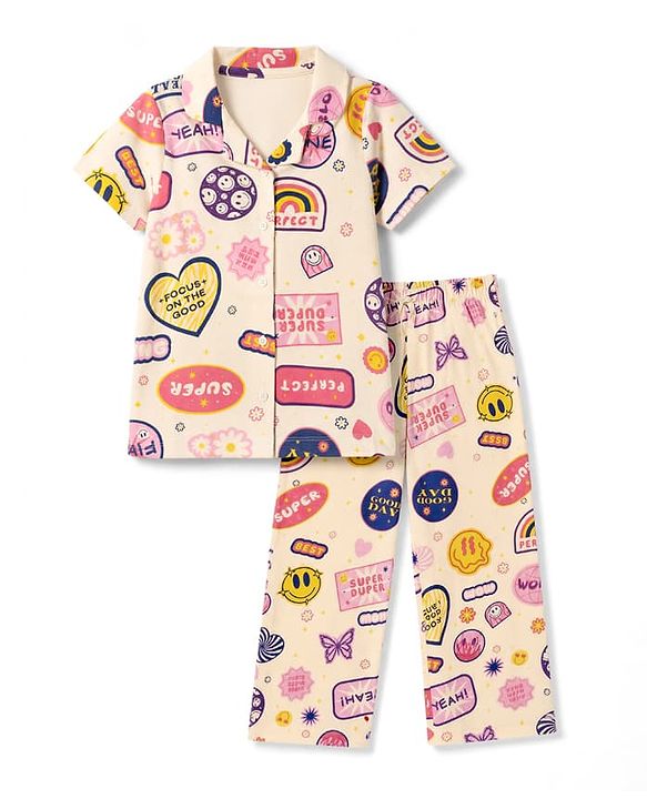Pine Kids Cotton Knit Half Sleeves Co-Ords Shirt & Pyjama Night Suit with Heart Rainbow & Floral Print - Offwhite