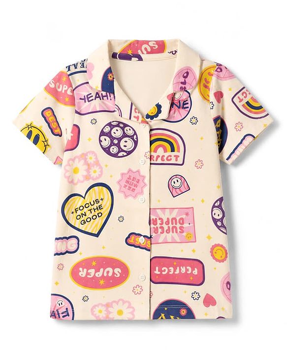 Pine Kids Cotton Knit Half Sleeves Co-Ords Shirt & Pyjama Night Suit with Heart Rainbow & Floral Print - Offwhite