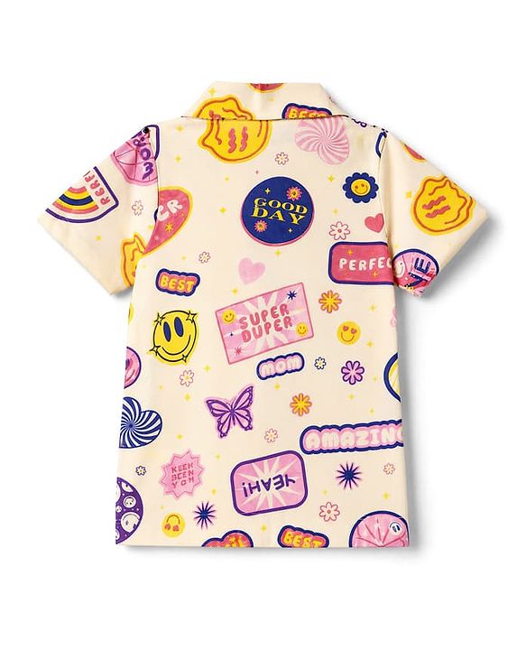 Pine Kids Cotton Knit Half Sleeves Co-Ords Shirt & Pyjama Night Suit with Heart Rainbow & Floral Print - Offwhite