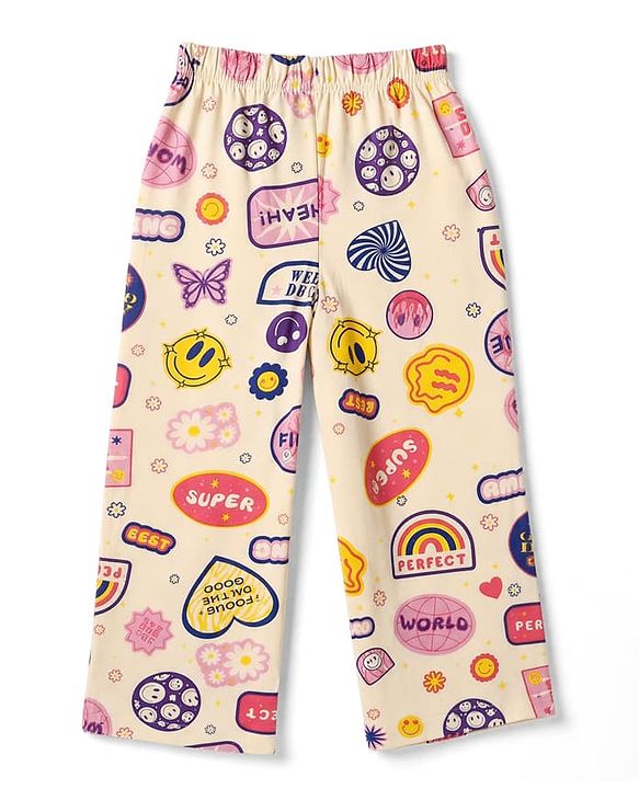 Pine Kids Cotton Knit Half Sleeves Co-Ords Shirt & Pyjama Night Suit with Heart Rainbow & Floral Print - Offwhite