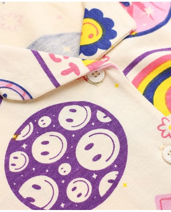 Pine Kids Cotton Knit Half Sleeves Co-Ords Shirt & Pyjama Night Suit with Heart Rainbow & Floral Print - Offwhite