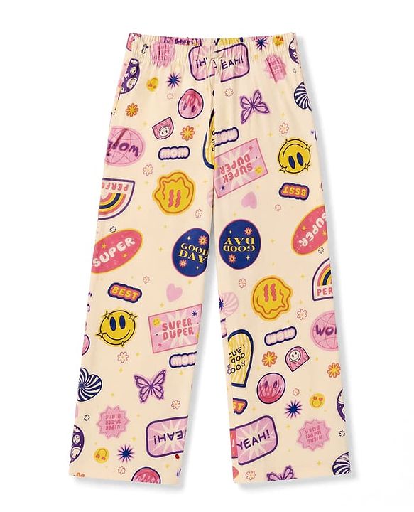 Pine Kids Cotton Knit Half Sleeves Co-Ords Shirt & Pyjama Night Suit with Heart Rainbow & Floral Print - Offwhite