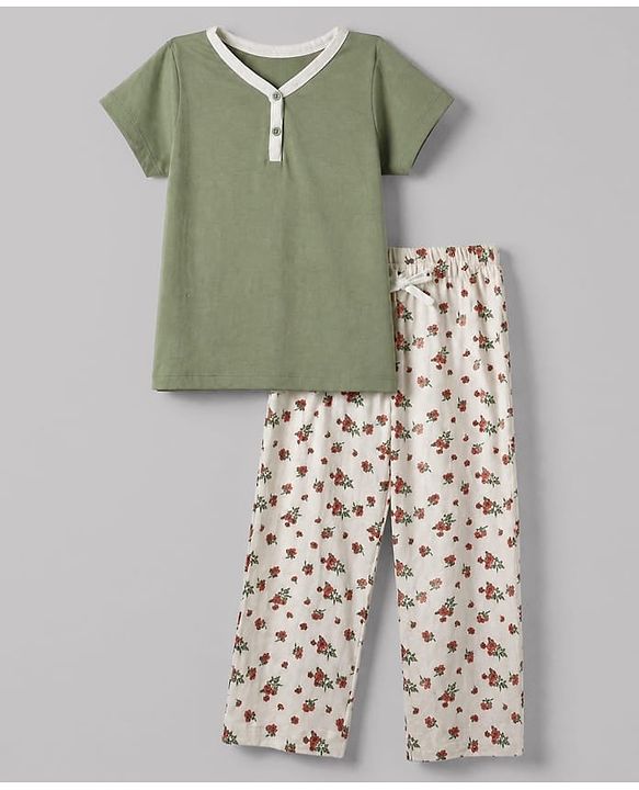 Pine Kids Cotton Knit Half Sleeves T-Shirt & Pyjama Night Suit with Floral Print - Green