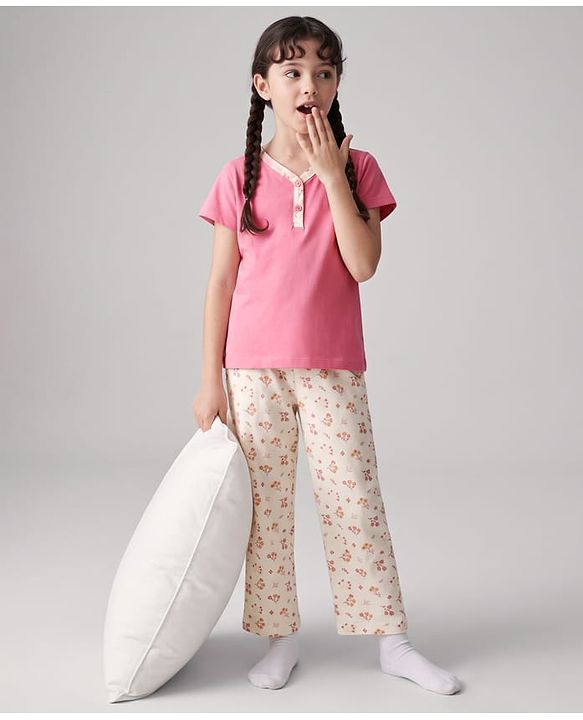 Pine Kids Cotton Knit Half Sleeves T-Shirt & Pyjama Night Suit with Floral Print - Pink