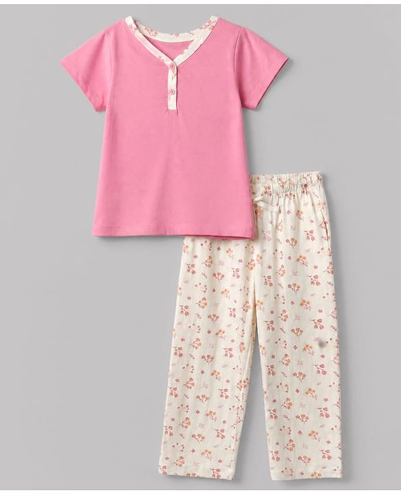Pine Kids Cotton Knit Half Sleeves T-Shirt & Pyjama Night Suit with Floral Print - Pink
