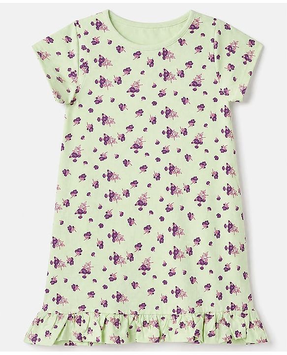 Pine Kids Cotton Knit Half Sleeves Nighty with Floral Print - Limegreen
