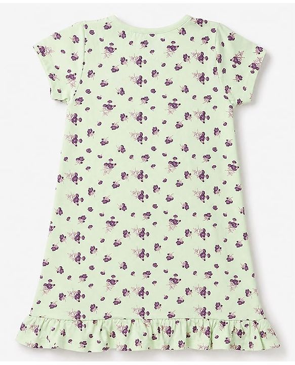 Pine Kids Cotton Knit Half Sleeves Nighty with Floral Print - Limegreen