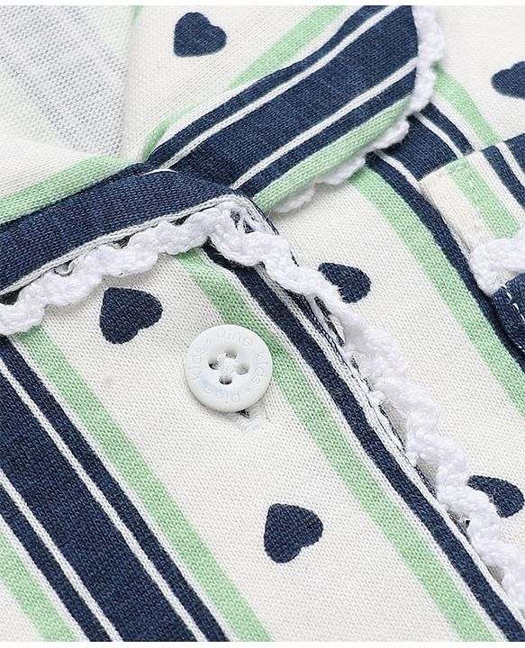 Pine Kids Cotton Knit Half Sleeves Striped Co-Ords Shirt & Pyjama Night Suit with Heart Print - White