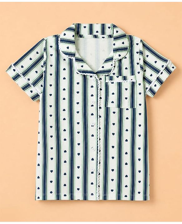 Pine Kids Cotton Knit Half Sleeves Striped Co-Ords Shirt & Pyjama Night Suit with Heart Print - White