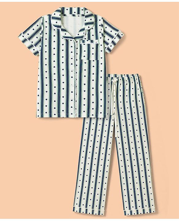 Pine Kids Cotton Knit Half Sleeves Striped Co-Ords Shirt & Pyjama Night Suit with Heart Print - White