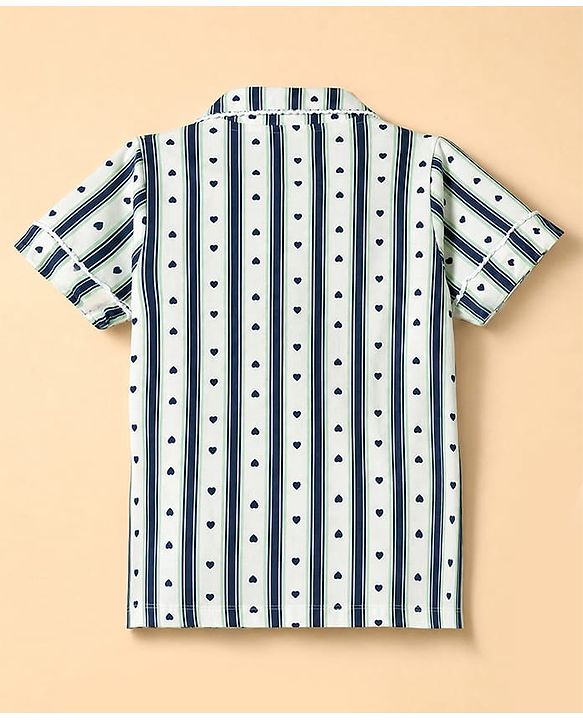 Pine Kids Cotton Knit Half Sleeves Striped Co-Ords Shirt & Pyjama Night Suit with Heart Print - White