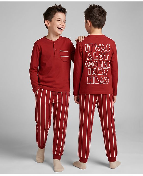 Pine Kids 100% Cotton Single Jersey Knit Full Sleeves T-Shirt & Striped Pyjama Night Suit with Bio Wash - Red