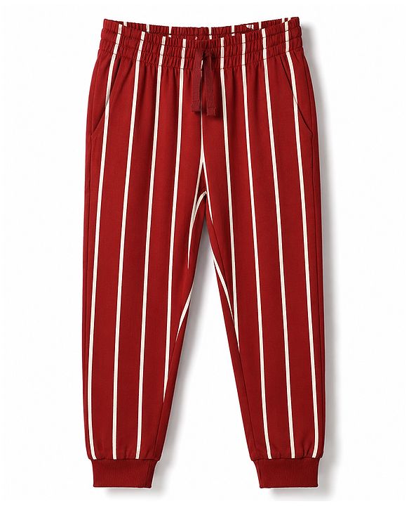 Pine Kids 100% Cotton Single Jersey Knit Full Sleeves T-Shirt & Striped Pyjama Night Suit with Bio Wash - Red