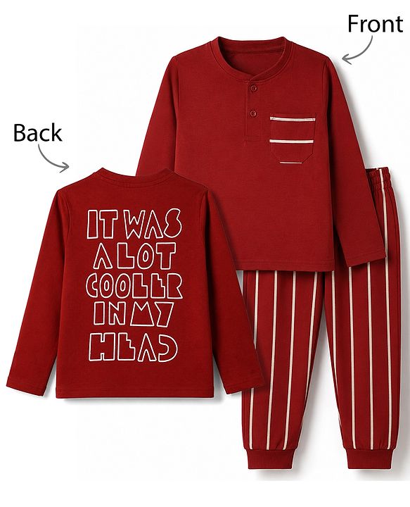 Pine Kids 100% Cotton Single Jersey Knit Full Sleeves T-Shirt & Striped Pyjama Night Suit with Bio Wash - Red