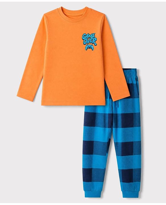 Pine Kids Cotton Knit Half Sleeves T-Shirt & Checks Pyjama Night Suit with Game Over Print - Orange