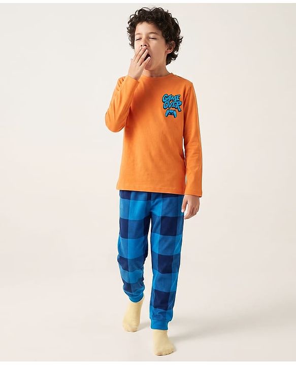 Pine Kids Cotton Knit Half Sleeves T-Shirt & Checks Pyjama Night Suit with Game Over Print - Orange