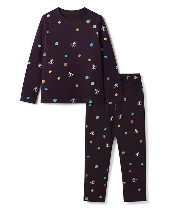 Pine Kids Cotton Knit Half Sleeves Co-Ords T-Shirt & Pyjama Night Suit with Space Theme Print - Plum