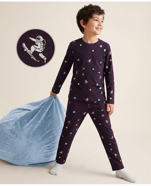Pine Kids Cotton Knit Half Sleeves Co-Ords T-Shirt & Pyjama Night Suit with Space Theme Print - Plum